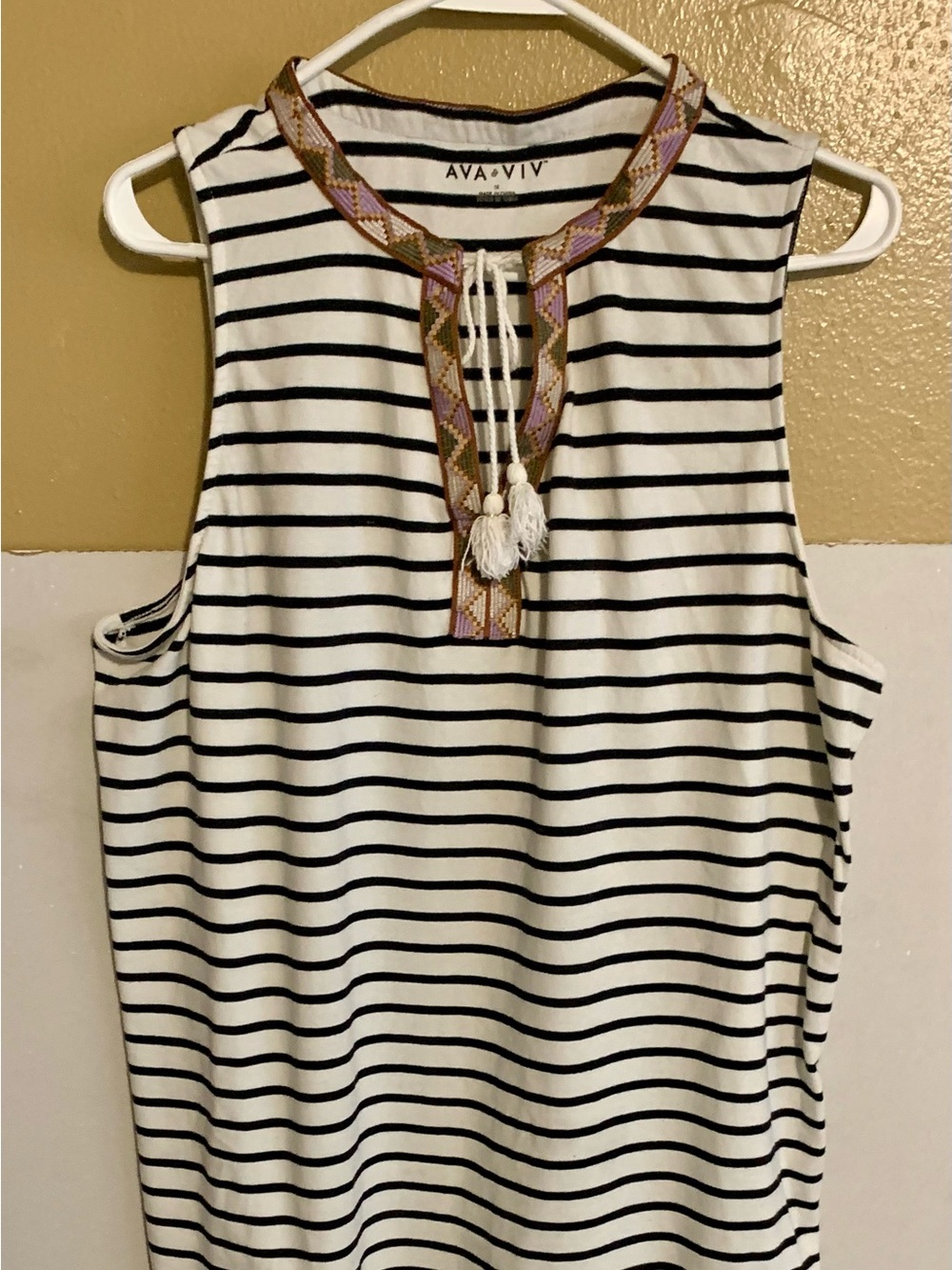 Ava & Viv Black and White Striped Tank with Embroidered Tassel Neck